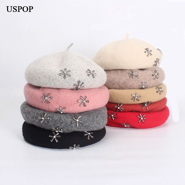 

uspop 2018 wool berets women winter thick warm hat female hand-stitched diamond woolen beret hat lady painter, Blue;gray