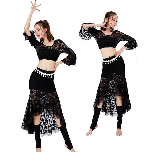 

profession belly dance lace dress 2 pieces set shorts long skirts women belly performance dancing clothes dwy841, Black;red