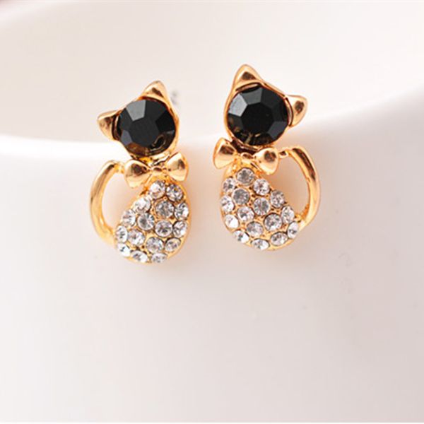 

black crystal cat stud earrings lovely rhinestone cat stud earrings cat bow crystal ear stud for women, Golden;silver