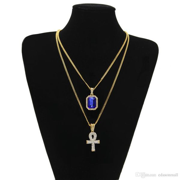 

Egyptian Ankh Key of Life Rhinestone Cross With Red Ruby Pendant Necklace Set Men Fashion Hip Hop Jewelry Iced Out Bling Necklace H467F
