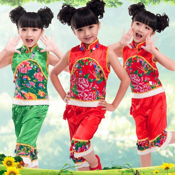

christmas children's yangko dance performances costume sets chinese folk dance costume new year spring festival dancewear, Black;red