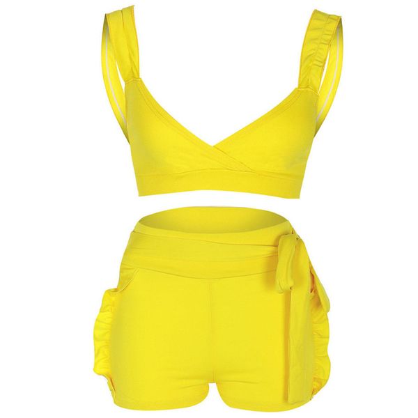 

new women clubwear summer solid yellow ruffles bow crop +shorts party casual slim simple clothes set 2pcs suits, White