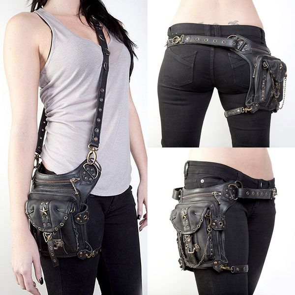 

punk pu leather rivet hip leg fanny bag rock chains motorcycle star rivet messenger shoulder cross body belt waist pack bags g216s