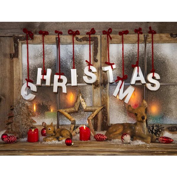 Holzfenster Kiefer Kinder Weihnachten Foto Hintergrund gedruckt Stern rote Kugeln Kerzen Elche Winter Schnee Fotografie Hintergründe