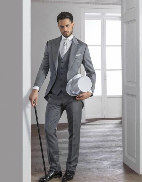 Manhã Estilo Cinza Tailcoat Noivo Smoking Eiegant Desgaste Do Casamento Dos Homens de Alta Qualidade Dos Homens Formal Do Partido Do baile de Finalistas Terno (Jaqueta + calça + Gravata + Colete) 981