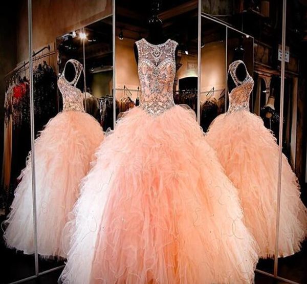 

new rhinestone crystals blush peach quinceanera dresses sheer jewel sweet 16 ruffle ruffle skirt princess prom ball evening party gowns, Black;red