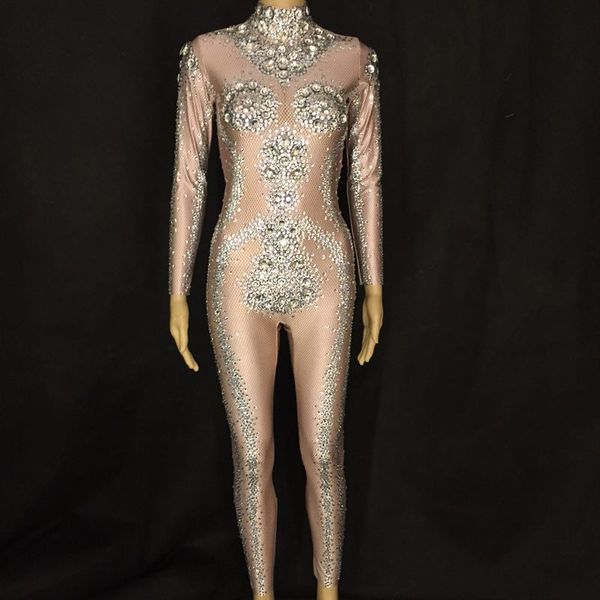 

women sparkly rhinestones jumpsuit nightclub dj performance party celebrate bright bodysuit nude stretch one-piece outfit, Black;white