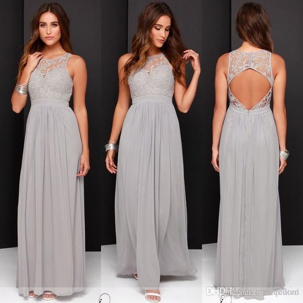 

2019 Cheap Country Grey Bridesmaid Dresses for Wedding Long Chiffon A-Line Backless Formal Dresses Party Lace Modest Maid Of Honor Dress