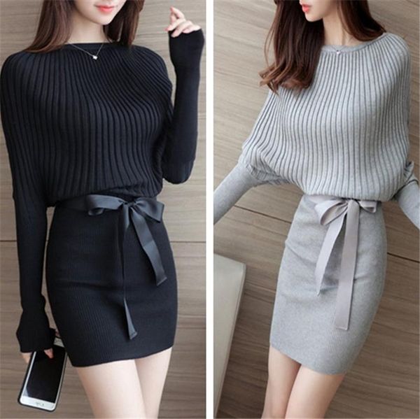 

women's new fashion sweater dress cotton bow elastic spring autumn black and gray knitted dresses vestidos belt party dresses clothes, Black;gray
