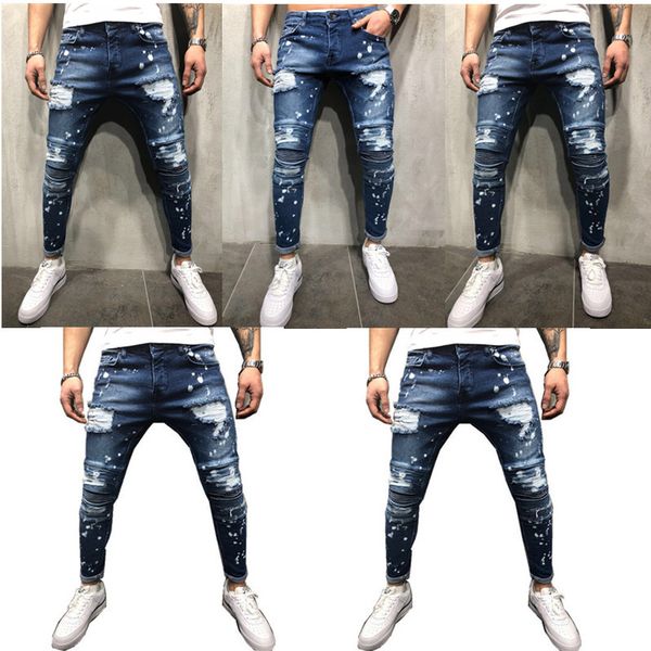 

2018 cross-border for foreign trade men's jeans slim hole pleated feet men's jeans tide size 28-40, Blue