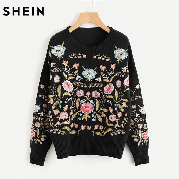

shein symmetric botanical embroidered jumper black long sleeve casual boho pullovers 2017 autumn ladies sweaters, White;black
