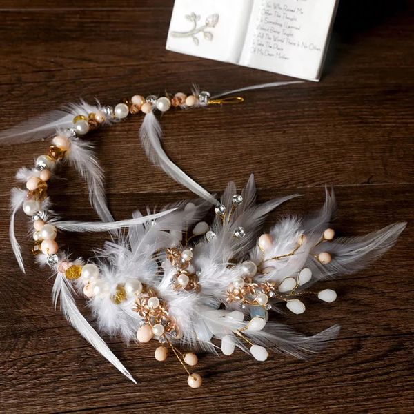 

white feather bridal hairbands rhinestone crystal brides headdress crown wedding head wear evening hair accessory, Golden;white