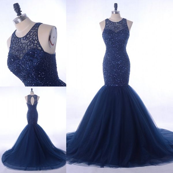 

dark blue mermaid evening formal gowns long sheer neck keyhole back crystal bodice tulle sweep train red carpet real p prom dress, Black;red