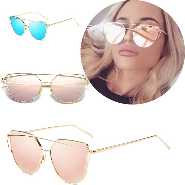 

cat eye vintage brand designer rose gold mirror sunglasses for women metal reflective flat lens sun glasses female oculos, White;black