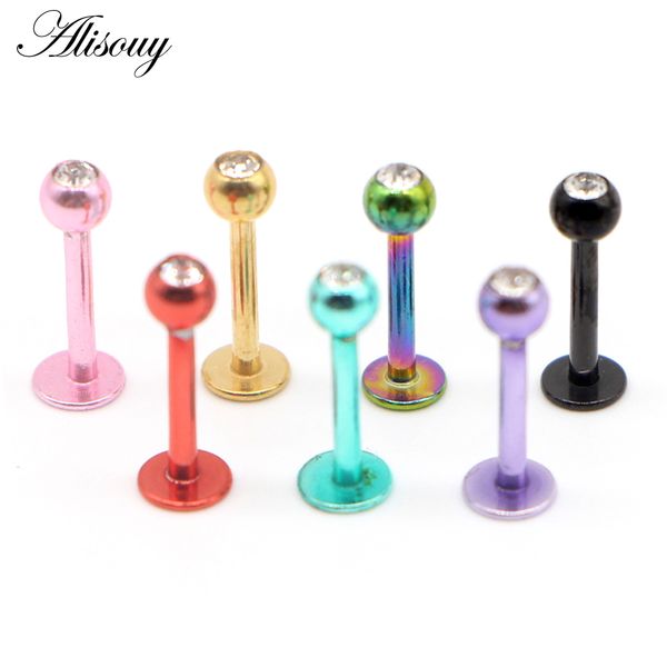

alisouy 1 piece 16g 316l surgical steel titanium anodized labret lip stud ring ear tragus stud barbell body piercing jewelry, Slivery;golden