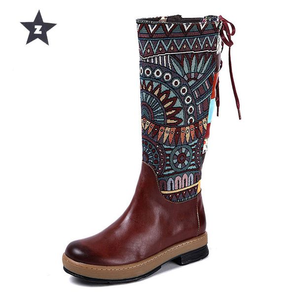 

z mid-calf boots women winter high boots motorcycle zipper embroidered boho ethnic genuine leather women, Black
