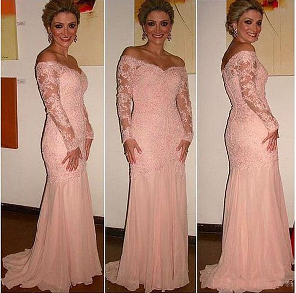 

Cheap Chiffon Mermaid Prom Dresses Off the Shoulder Formal Dresses With Beaded Lace Appliques Long Sleeves Blush Evening Dresses Long