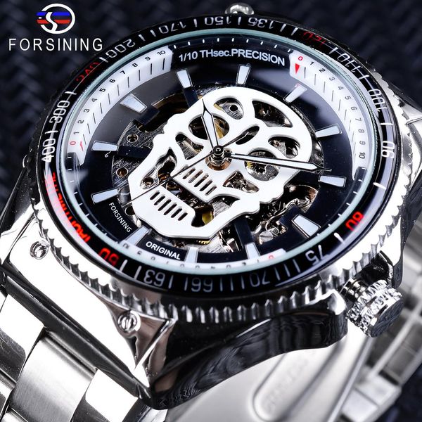 

forsining sport series skull design luminous hands men's skeleton clock mechanical transparent watches male, Slivery;brown
