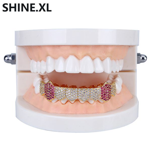 

18k gold plated vampire teeth grillz iced out micro pave cubic zircon 8 tooth hip hop grill bottom body jewelry, Black