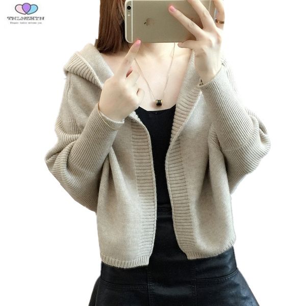 

tnlnzhyn 2018 новая осень женщин свитер кардиган женщин с капюшоном короткие вязаный кардиган повседневная bat рукав свитер tnlnzhyn e492, White;black