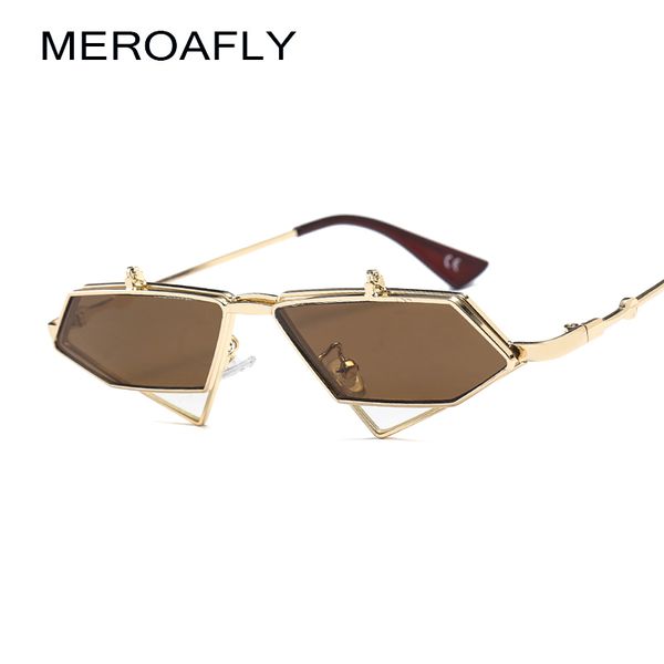 Meroafly Flip Up Steampunk Sunglasses Homens Vintage Vintage Vermelho Vermelho Azul Gold Metal Quadro Triângulo Sol óculos Para As Mulheres UV400 Verão