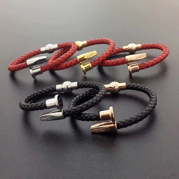 

2019 New arrival Paris style man bracelet with geniuine leather 316L stainless steel love punk red and black color nail bangle jewelry free