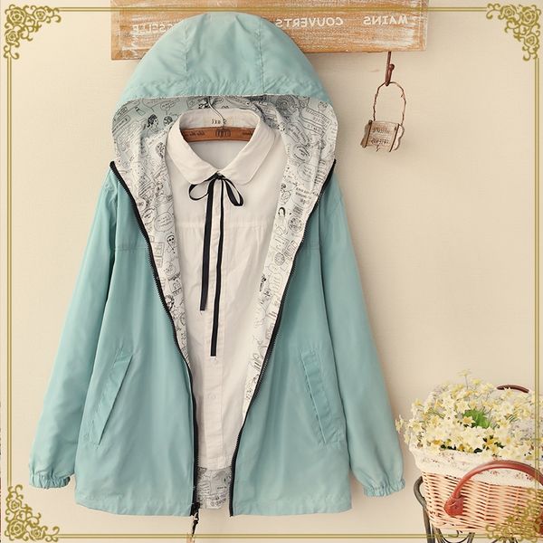 

autumn bomber basic jacket women zipper hooded two side wear cartoon print casual coat loose windbreaker outwear, Black;brown