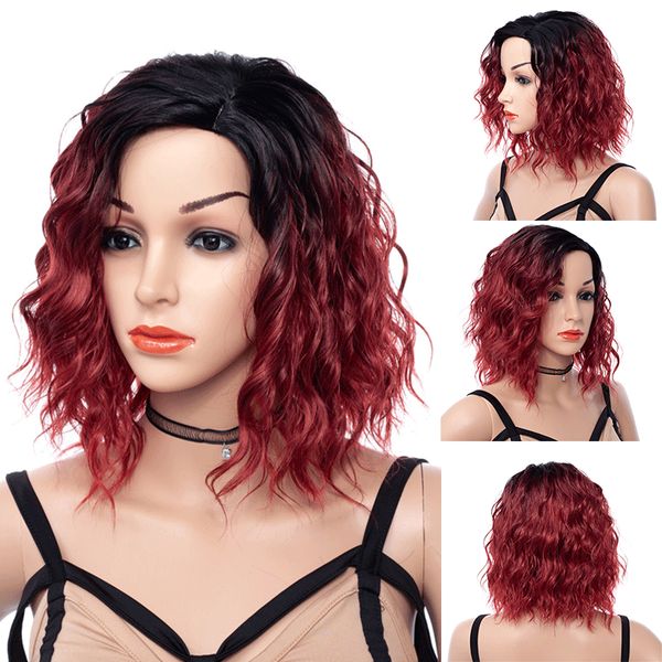 

lady short synthetic bob deep wave hair ombre red wine middle side bang chemical headgear dyed partial short fiber heat resistant wig, Black