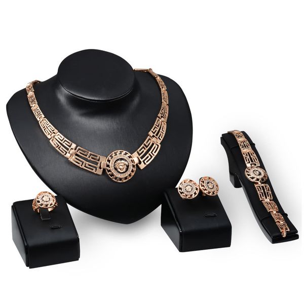 

dubai 18k gold pendant lion head necklace sets fashion african diamond wedding bridal jewelry sets (necklace + bracelet + earrings +ring), Black