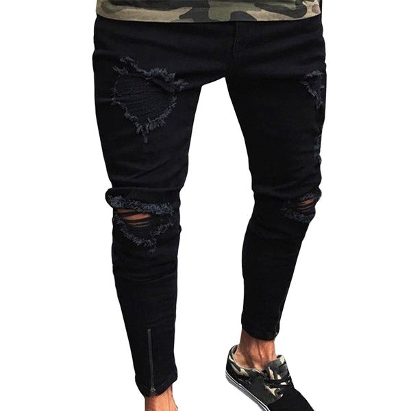 

men longtracksuit fitness workout summer jogger sweatpant destroyed hole pencil ankle length pants, Black