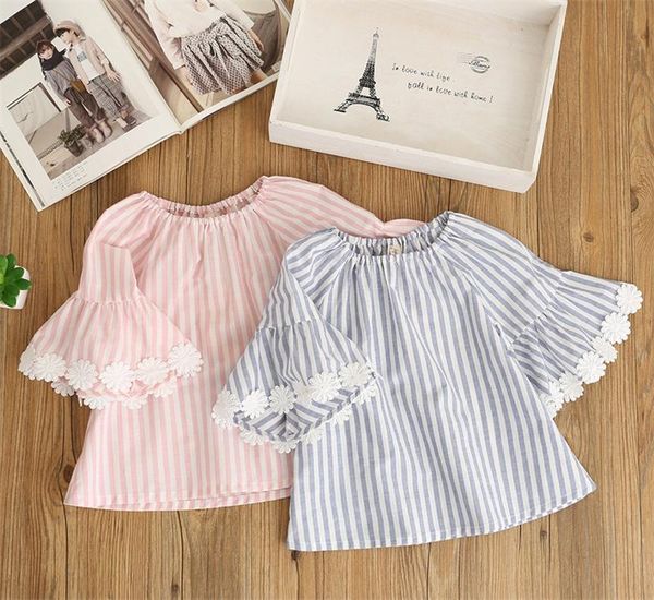 

new fahshion baby girls blue striped lace flare sleeve t-shirt summer girl princess shirt 2-7 years