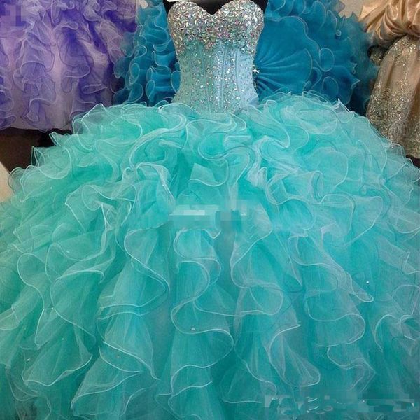 Vestido de vestido de vestido azul quinceanera azul turquesa Sweetheart com garotas sem backless de miçangas 15 anos