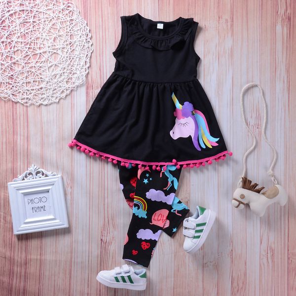 

2018 summer baby girl clothes set unicorn sleeveless t-shirt vest + pants leggings 2pcs kids suit streetwear casual girls outfits set, White