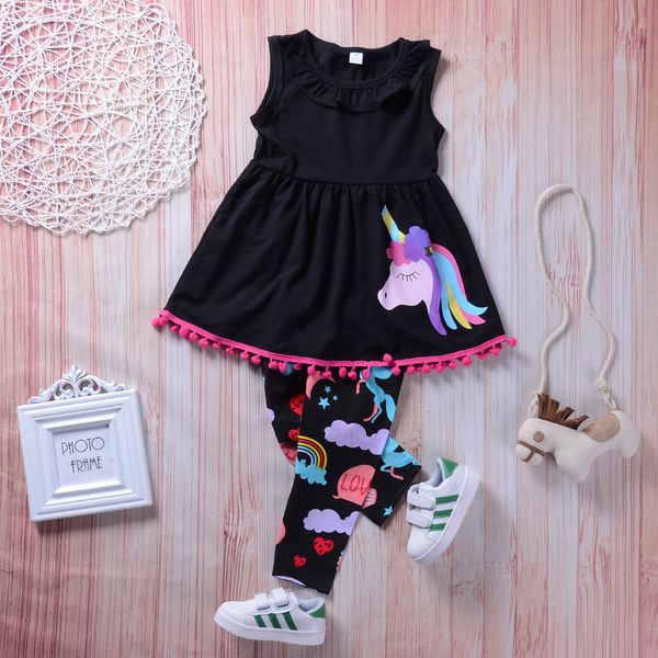 2018 Summer Baby Girl Clothes Set T-shirt senza maniche unicorno Canotta + Pantaloni Leggings 2PCS Tuta per bambini Streetwear Set di abiti casual per ragazze