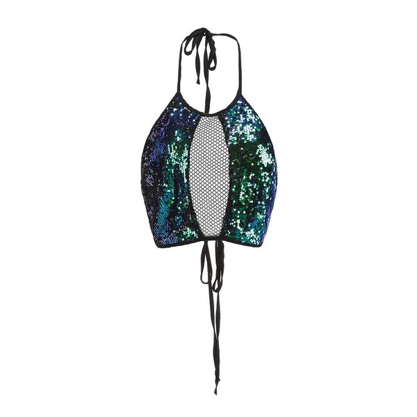 

laamei sequined mesh patchwork cropped women halter hollow out tank female bodycon crop summer fashion streetwear, White