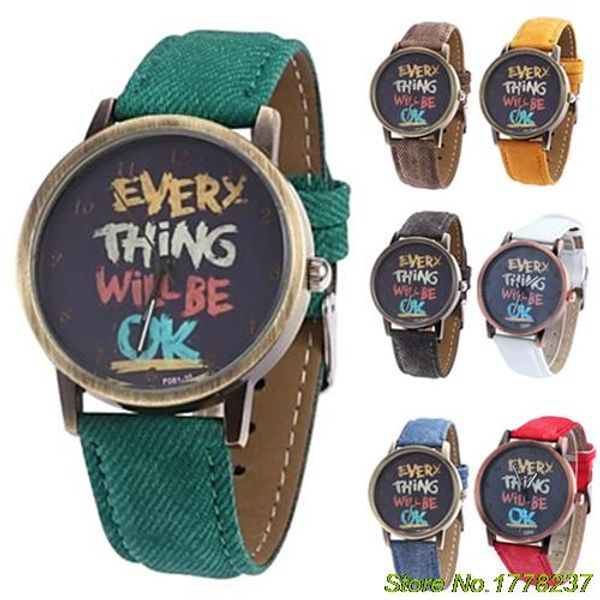 

men's women's every thing will be ok denim band analog quartz dress wrist watch sale 4pef, Slivery;brown