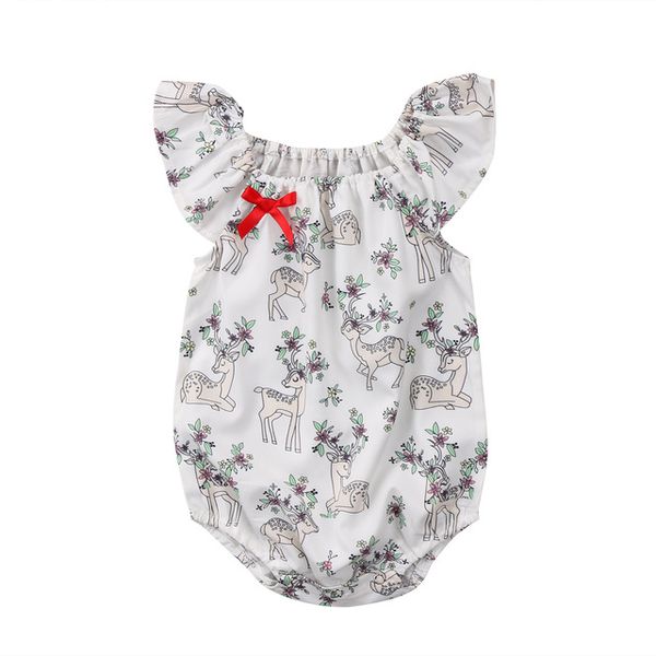 Babykleidung 2018 Neue kleine Schleife weiß Cartoon Hirsch fliegen Ärmel Neugeborene Kinder Baby Mädchen Kleidung Overall Overall Sunsuit Outfits