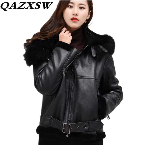 

2018 new winter women genuine leather coat fashion solid warm large size loose one fur hooded sheep skin short fur coat lf147, Black