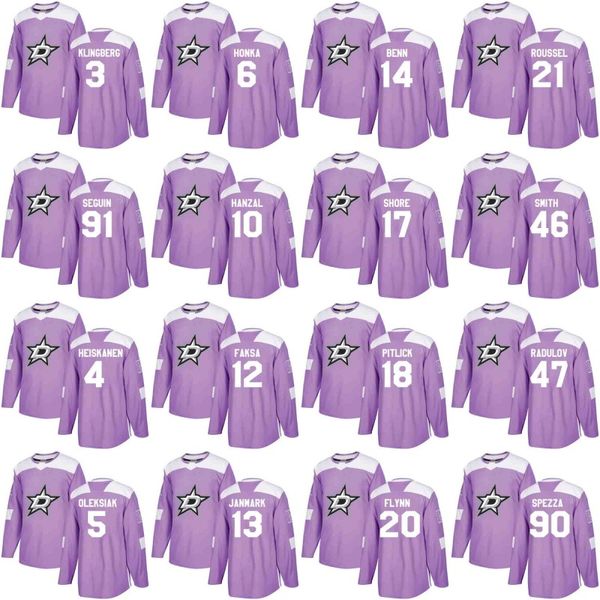 

Dallas Stars Jersey Purple Fights Cancer Practice 5 Jamie Oleksiak 14 Jamie Benn 20 Brian Flynn 21 Antoine Roussel 91 Tyler Seguin Jerseys