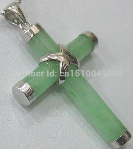 

cross necklace natural green stone charm fashion jewelry christian 17'', Silver