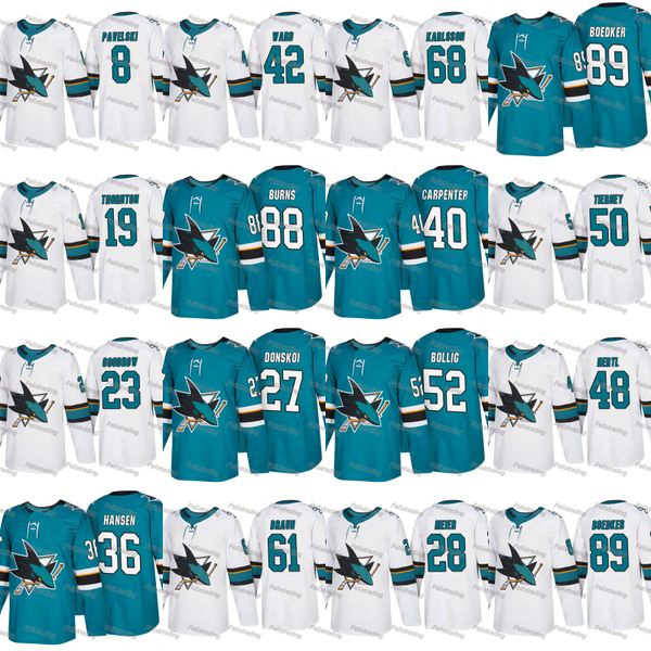 

2018 San Jose Sharks 8 Joe Pavelski 19 Joe Thornton 39 Logan Couture 88 Brent Burns Tomas Hertl Melker Karlsson Ryan Carpenter Jerseys