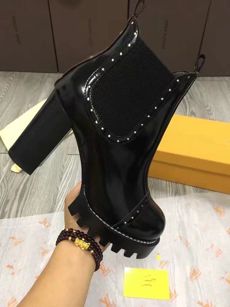 

women autumn winter chunky heel ankle boots ladies elastic slip on super high heel short boots women white rivet leather boots, Black