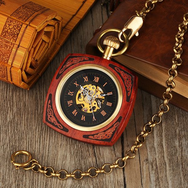 

steampunk automatic vintage square women wood pocket watch for men royal red bamboo retro antique for gifts reloj de bolsillo, Slivery;golden
