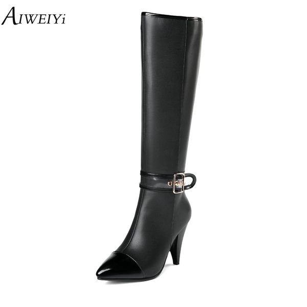 

aiweiyi woman genuine leather platform shoes spike high heel over the knee boots pointed toe winter thigh high boots black