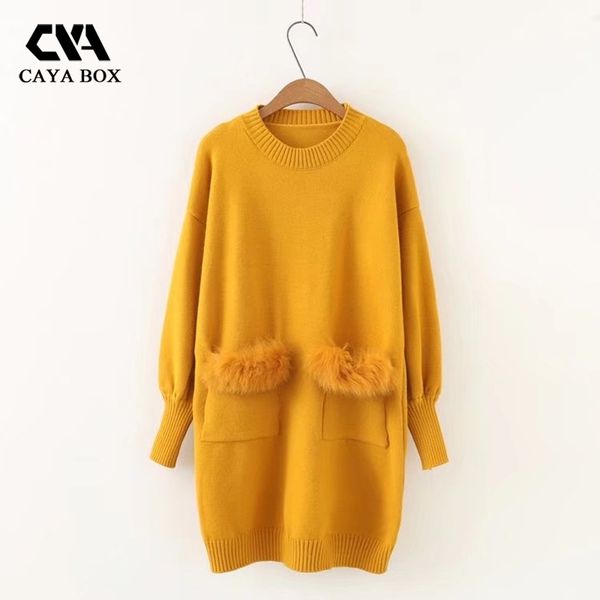 

wholesale-caya box long sleeve fur sweater porket knit dress korean lantern sleeve knited plus yellow pullovers 2017 winter dresses, White;black