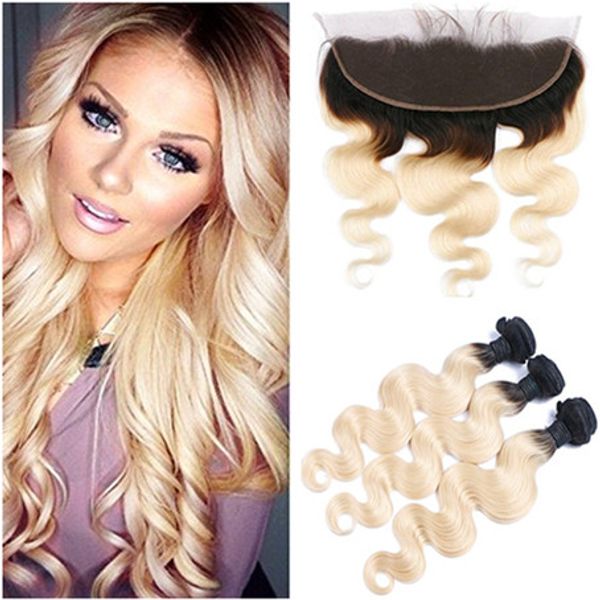 

virgin blonde ombre human hair weaves with frontals body wave 1b/613 ombre brazilian hair 3 bundle deals with 13x4 lace frontal closure, Black;brown
