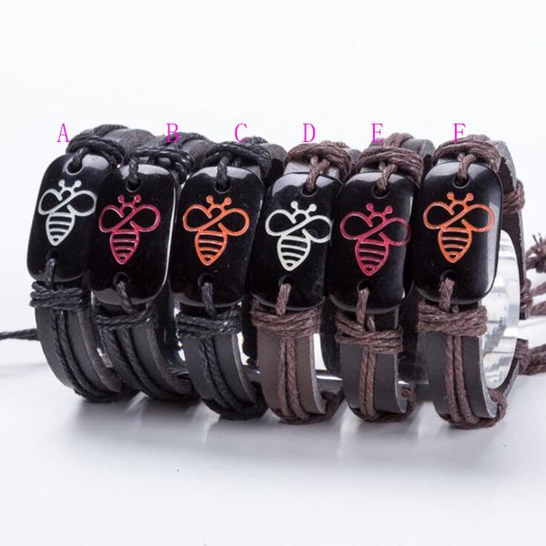 

12pcs 6colors customized lovely bee leather bracelets handmade lace up adjustable punk men charm bracelet, Golden;silver