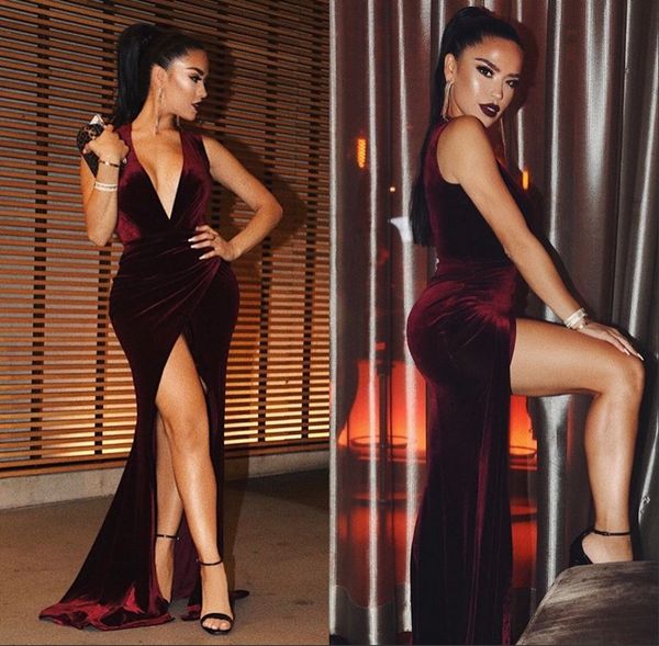 

новый бордовый бархат сексуальные платья вечерняя одежда 2018 без рукавов глубокий v-образным вырезом русалка высокая щель случаю носить зна, Black