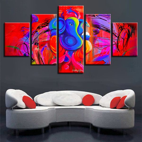 

canvas pictures home decor framework 5 pieces ganesha painting hd prints red and blue abstract elephant head god poster wall art