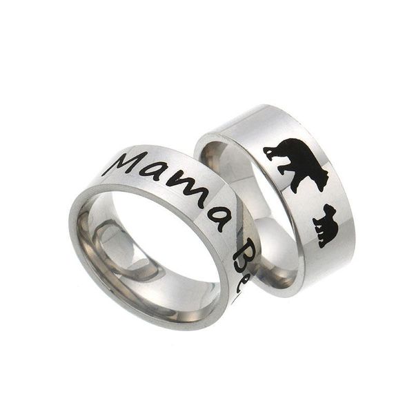 

stainless steel mama bear ring enamel cubs mother and kids band ring letter cute animal rings fashion jewelry for mom birthday, Silver